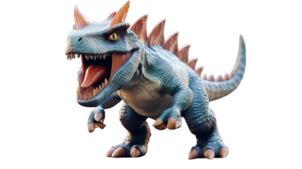 A vibrant, cartoon-style dinosaur character with sharp teeth stands menacingly against a transparent background, showcasing fun and creativity.