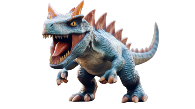 A vibrant, cartoon-style dinosaur character with sharp teeth stands menacingly against a transparent background, showcasing fun and creativity.