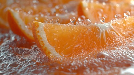 Close-up of orange slices submerged in bubbly water.