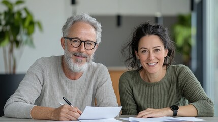 Happy mature couple reviewing documents together at home.