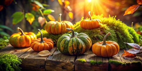 Autumn Abundance: Small Pumpkins, Fallen Leaves, Moss, Wide-Angle Photography