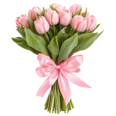 Romantic bouquet with pink tulips with pink silk ribbon bow. Isolated PNG for Valentine's day