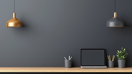 Modern minimalist workspace with laptop, pencils, plant, and pendant lamps against a dark grey wall.