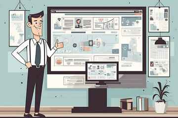 Happy businessman presenting data on a large screen in a modern office.