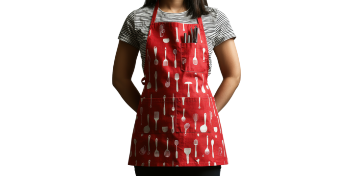 Woman wearing red kitchen apron with utensil pattern isolated on transparent background