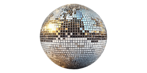 Reflective disco ball sphere with mirror tiles isolated on transparent background