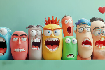 Colorful cartoon characters expressing various emotions and reactions. Cyberbullying on social media.