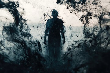 Fototapeta premium A shadowy figure emerges from a swirling mass of dark ink, creating a mysterious and ethereal scene.