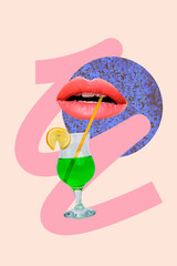 Composite trend artwork 3D sketch image photo collage of carefree party friday holiday lady huge mouth cocktail glass drink alcohol lemon.