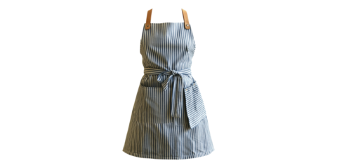 Blue and white striped apron with tie and pockets isolated on transparent background