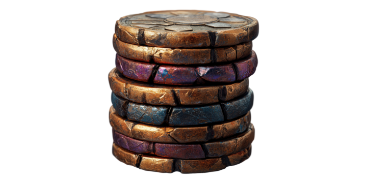 Stack of colorful metallic coins isolated on transparent background