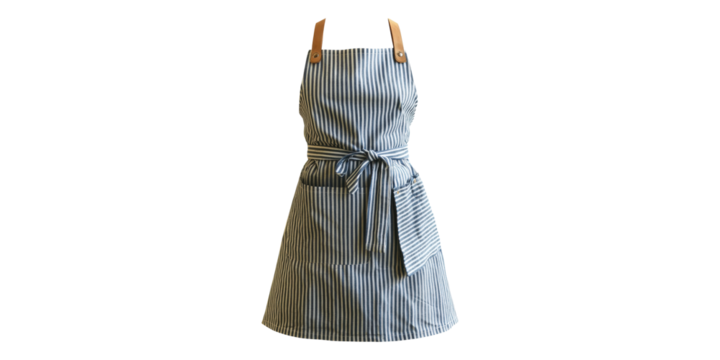 Blue and white striped apron with tie and pockets isolated on transparent background