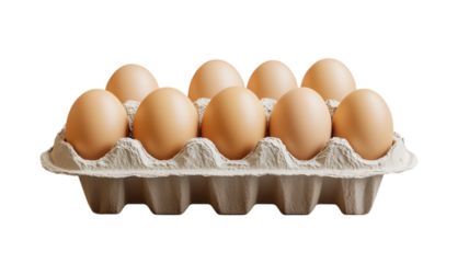 A carton of brown eggs displayed on a white background ready for culinary preparation or grocery shopping purposes.
