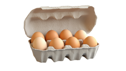 Fresh brown eggs neatly arranged in an open cardboard carton on a clean surface for cooking or baking use.