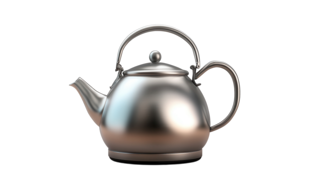 A shiny stainless steel kettle with a curved spout and a comfortable handle resting on a white background.