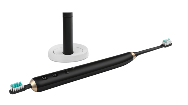 Modern electric toothbrush with charging stand designed for effective dental care at home.