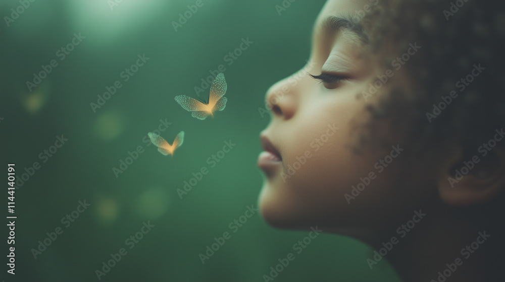 Wall mural A young girl is looking at two butterflies that are hovering over her face