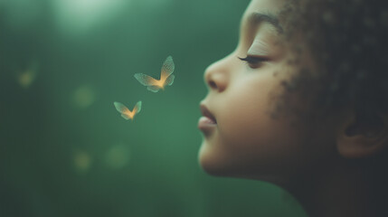 A young girl is looking at two butterflies that are hovering over her face