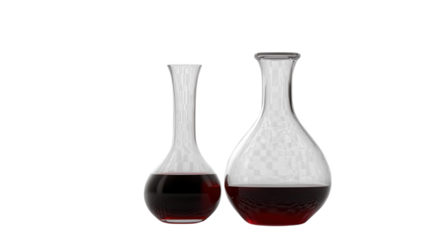 Two glass carafes filled with red liquid displayed against a transparent backdrop, emphasizing their elegant curves and reflections.