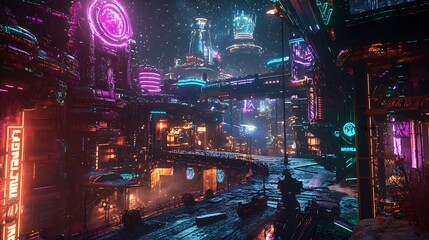 Sci-Fi City with Neon Lighting and Futuristic Features
