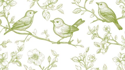 Seamless pattern of birds and flowers in vintage style.