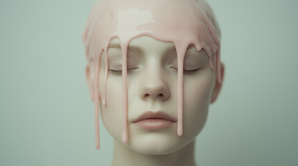 A woman with pink paint dripping from her face