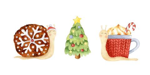 Watercolor illustration of christmas tree and cute snail.