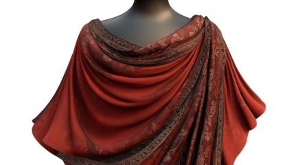Elegant draped fabric in rich red tones displayed against a neutral background with intricate patterns highlighting its texture and design.