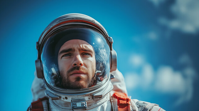 A man in a space suit is looking up at the sky