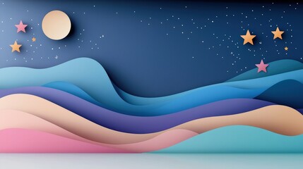 Abstract Night Sky with Waves and Stars Background