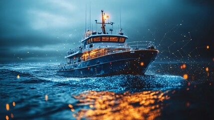 Fototapeta premium Digital boat with AI technology on the water, representing smart navigation, marine exploration, and environmental monitoring in modern transportation.