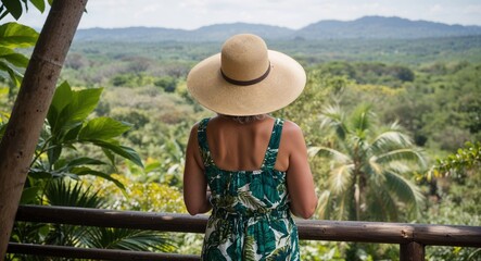 Caucasian mature woman admiring jungle view wearing sunhat