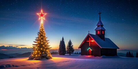 Naklejka premium Christmas Tree Church Silhouette: Snowy Festive Winter Scene Photography