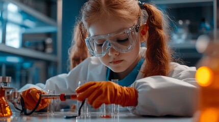 Girl scientist conducting experiment in lab.