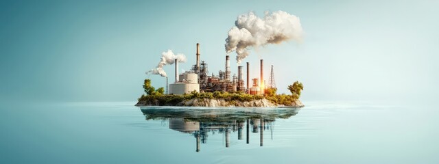 Industrial Island with Pollution and Calm Waters