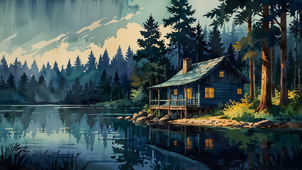 Fototapeta premium Watercolor art, house in the forest by the lake in dark green tones, for background and wallpaper