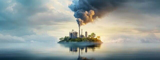 Industrial Landscape with Smoke over Calm Water