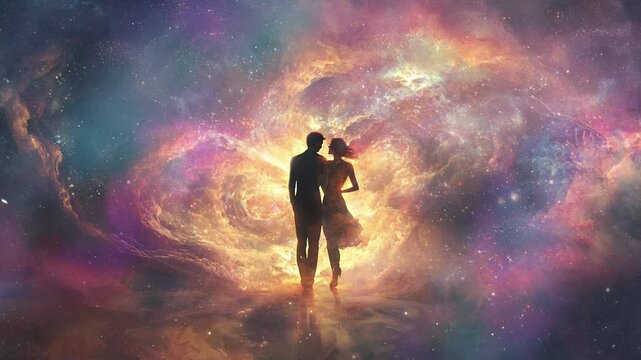 romance couple on space cosmic illustration. an ethereal display of a man and a woman. seamless looping overlay 4k virtual video animation