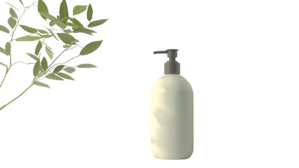 Green branch beside a white pump bottle on transparent background showcasing a minimalist design ideal for modern decor.