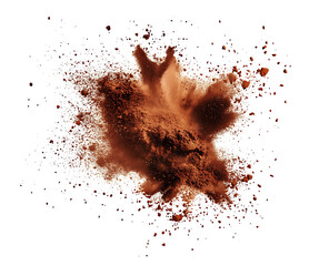 Explosion splash of ground dancing coffee or cocoa powder with freeze, pile of splatter of coffee grind dust powder, brown shattered, on isolated transparent background png


