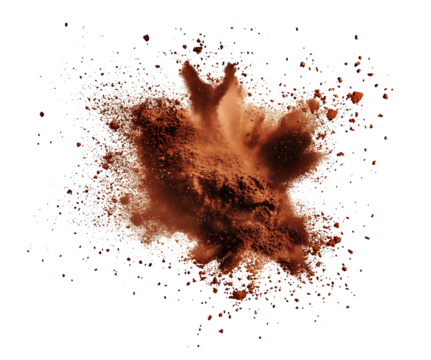 Explosion splash of ground dancing coffee or cocoa powder with freeze, pile of splatter of coffee grind dust powder, brown shattered, on isolated transparent background png


