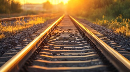 Obraz premium Golden sunset over a railway track stretching to the horizon.