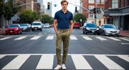 Caucasian young man waiting to cross street wearing khaki pants