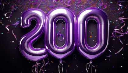 Purple birthday / anniversary balloon, number 200, black background with confetti