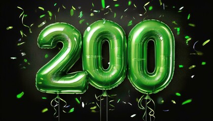Green birthday / anniversary balloon, number 200, black background with confetti