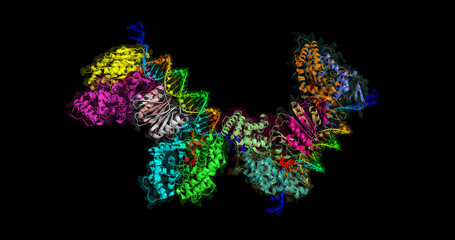 CRISPR-Cas-DNA-22 complex, genetic engineering molecule in 3D,  black background, 4K
