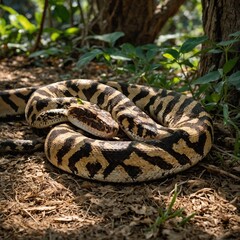 Fototapeta premium A boa constrictor basking under dappled sunlight on a tree.