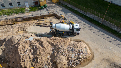 Aerial View of Construction Site with Cement Mixer Truck