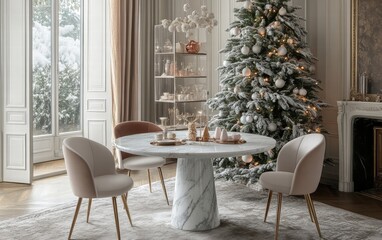 Obraz premium A stylish dining room with a round marble table, sleek chairs, and a snowy Christmas tree with pastel decorations