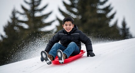 Hispanic teenage boy sledding on snowy hill wearing black jacket